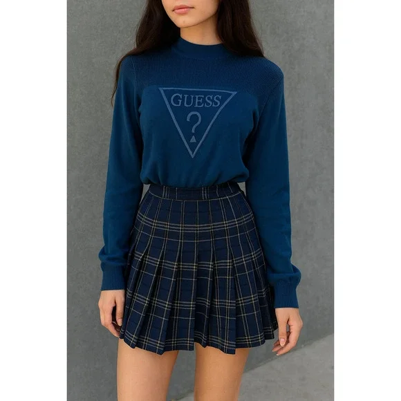 Guess Womens Logo Embroidered Mock Neck Sweater Size L Blue Long Sleeve Y2K - Picture 1 of 9